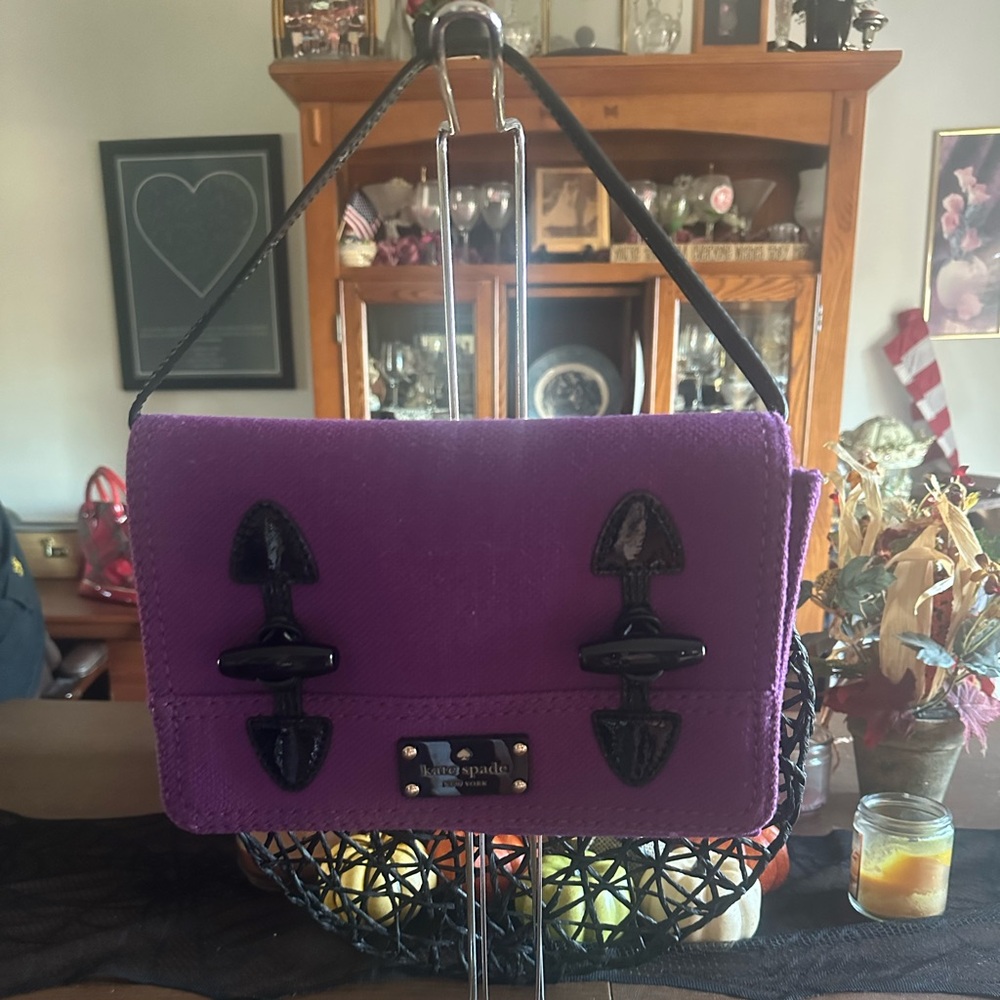 Kate Spade Purple Tweed & Black Patent Leather Toggle Accent Crossbody Rare EUC - Picture 9 of 12